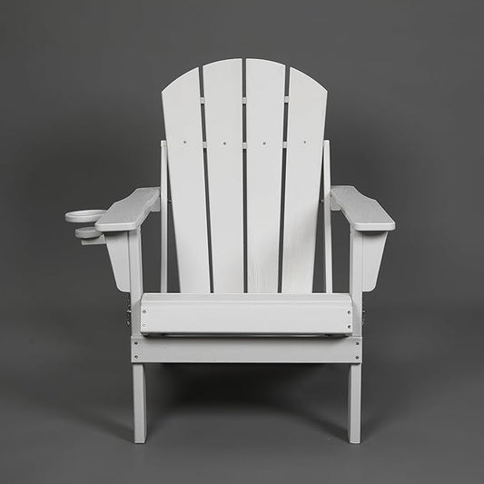 HDPE Folding Adirondack Chair with Dual Cup Holder - Composite Adirondack Chair with Wood Texture- White