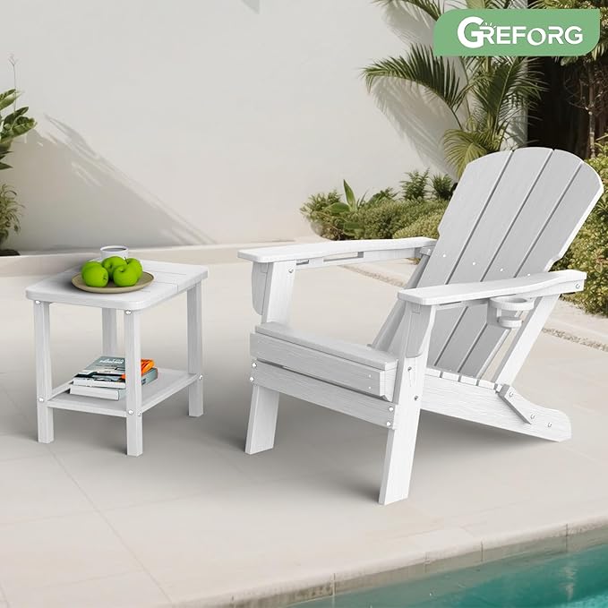 Patio Side Table, Small Rectangular HDPE Adirondack End Table for Outdoor Use in Pool, Garden, Lawn, Backyard,White