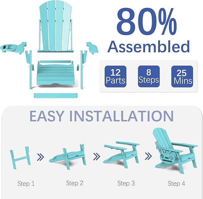 FOOWIN Adirondack Chair with Retractable Ottoman,HDPE Folding Adjustable Adirondack Chair w/4 in 1 Cup Holder Trays,All-Weather Resistant Fire Pit Chair for Outdoor Patio Lawn Set of 6
