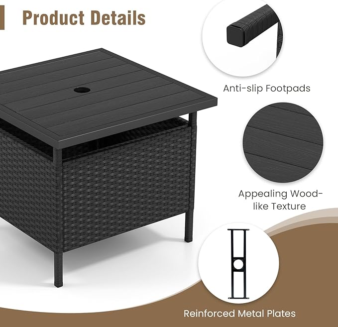 Tangkula Outdoor Wicker Table, Rattan Coffee Table with Umbrella Insert Hole, HDPE Tabletop & Sturdy Metal Frame, Patio Umbrella Side Table Stand for Backyard, Garden, Poolside (Black)