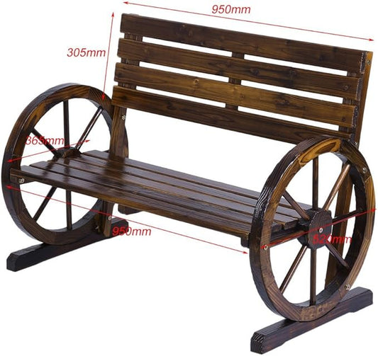 Patio Garden Wooden Wagon Wheel Bench, Rustic Wood Design Outdoor Wagon Wheel Bench Outdoor Furniture Decor (Tan Color)