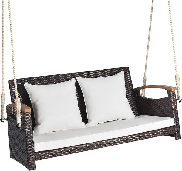 HAPPYGRILL 2-Seater Hanging Swing, Outdoor PE Rattan Hanging Swing with Curved Acacia Wood Armrests, Padded Cushions - Photo 1
