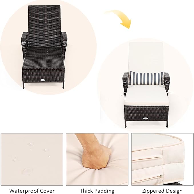 COSTWAY 2 PCS PE Rattan Chaise Lounge Chair Armrest Recliner Adjustable Pillow