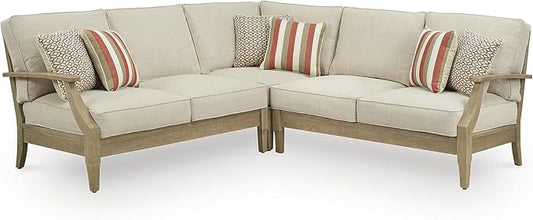 Signature Design by Ashley Clare View Symmetrical Contemporary 3-Piece Outdoor Sectional with Cushion and 6 Throw Pillows, Beige