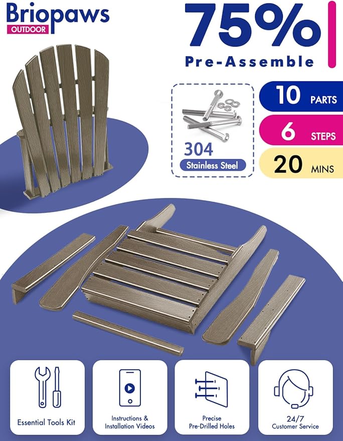 BRIOPAWS Adirondack-Chairs-Set of 6 | Wood Grain | Fire Pit Chair | Oversized | HDPE Plastic | Weather Resistant | for Deck Outdoor Poolside Campfire