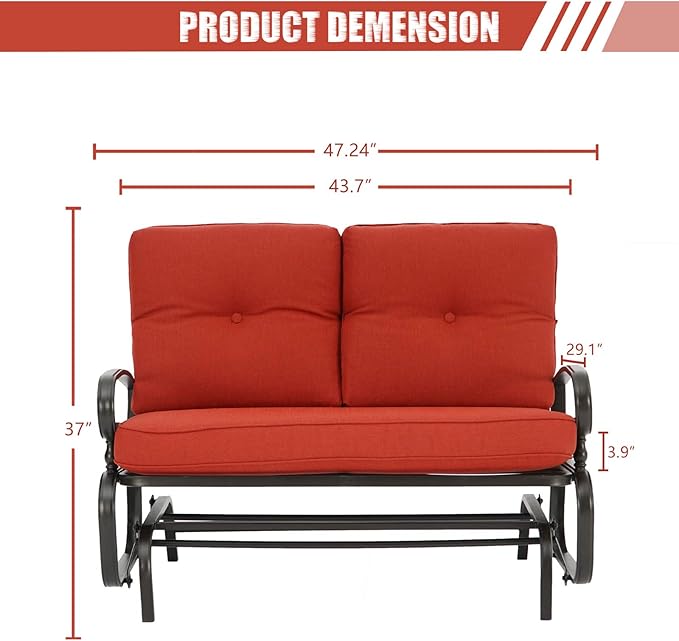 Outdoor Swing Glider Rocking Bench, Garden Loveseat Chair, Patio Steel Frame Chair Wrought Iron Look with Thick Cushion(Red)