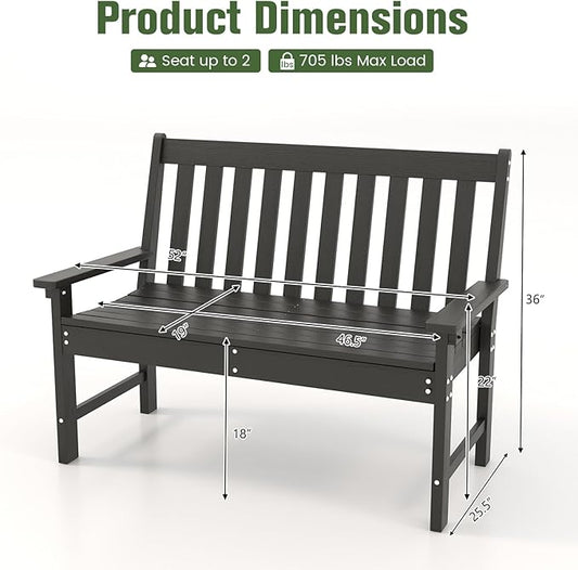 Tangkula HDPE Outdoor Garden Bench with Backrest, 2-Person All-Weather Patio Loveseat Chair with Slatted Seat, 705 lbs Weight Capacity, Patio Benches for Balcony, Garden, Porch, Backyard & Park, Black