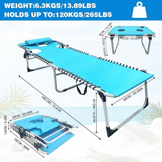 Sun Tanning Chair with Face Hole 5-Position Folding Lounge Chair Outdoor with Portable Beach Table for Poolside Sunbathing Camping Lawn Backyard
