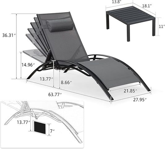 PURPLE LEAF Patio Oversized Chaise Lounge with 15FT Umbrella Outdoor Lounge Chair Beach Pool Sunbathing Lawn Lounger, Base and Side Table Included, Grey