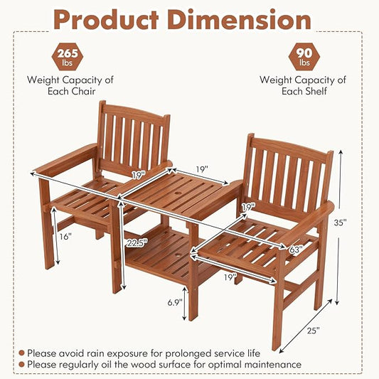 RELAX4LIFE Outdoor Loveseat with Built-in Table - Wood Patio Chairs w/Center Table & Umbrella Hole, 2-Person Garden Bench for Porch Deck Pool Balcony Backyard, 2-Seater Wooden Patio Furniture Set