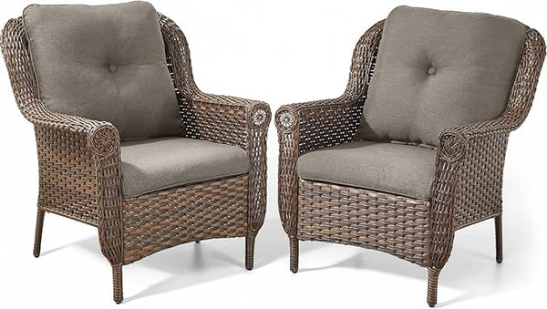 Patio Wicker Chairs Outdoor Furniture Chair - Set of 2 Outside All Weather Lawn Dining Brown Rattan Armchair with High - Photo 1