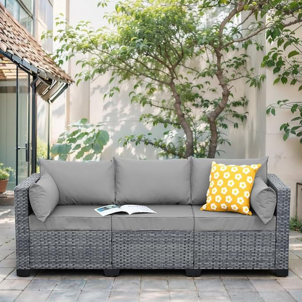 Wicker Patio Couch Outdoor 3-seat Sofa with All-Weather Rattan Deep Seater Outdoor Couch with Royal Blue Cushions - Photo 1