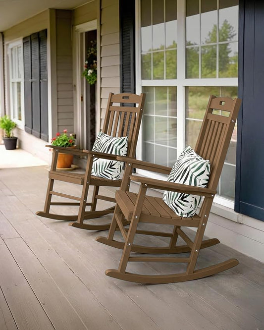 YEFU Porch Rocking Chairs Set of 2: Plastic Rocking Chairs for Outside, Weather Resistant for Patio, Waterproof, Rock smoothly, Teak