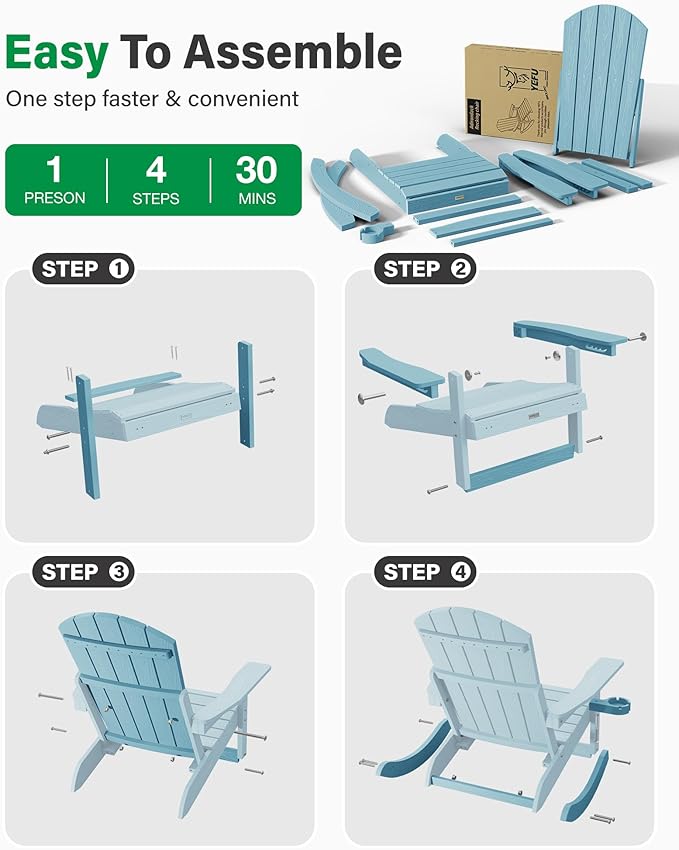 YEFU Rocking Chairs Outdoor Set of 4, Adirondack Chairs with Retractable Ottoman, Adjustable Adirondack Rocking Chair,Rockings Chair Outside,Weather Resistant,for Patio,Porch,Lawn,Heavy Duty,Blue