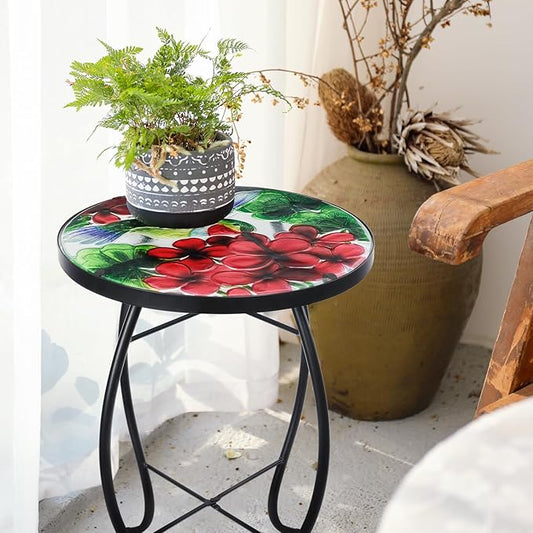 VCUTEKA Patio Side Table Outdoor Accent Table Small Mosaic Tables Coffee End Porch Tables Indoor Outdoor Round Glass Balcony Bistro Plant Stand Hummingbird Poppy 14 inches