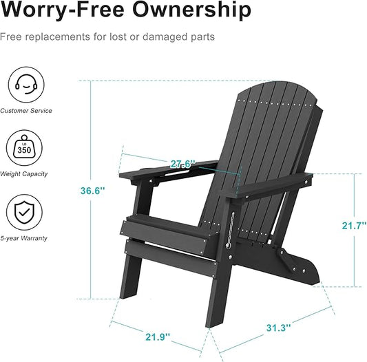 HDPE Foldable Adirondack Outdoor Chair Set of 4 with Cup Holder, Weather Resistant Heavy-Duty Patio Chair for Patio, Backyard, Deck, Fire Pit, Lawn and Porch, Black