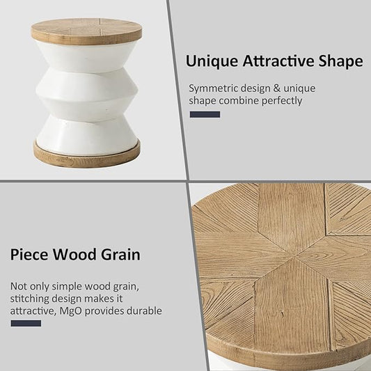 HOMPUS Outdoor Concrete Side Table w Wood Grain Tabletop, Modern Vintage MgO Patio End Table, Lightweight Unique Small Accent Table for Indoor Outdoor Use, Garden, Deck, Poolside, White