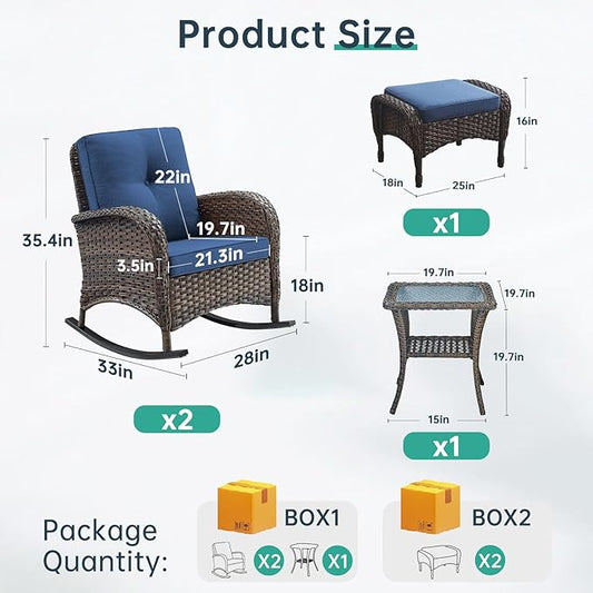Patio Rocking Chair - 5 Peices Outdoor Wicker Rocker Porch Chair Set with Tempered Glass Side Table, and 2 Ottoman, Rattan Seating for Balcony Garden Brown/Blue