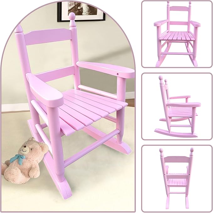 Toddler Rocking Chair for Kids Age 2-5, Hardwood Porch Rocker with Back Support & Armrest for Small Spaces Living Room Outdoor Garden, Easy Assembly (Light Pink)