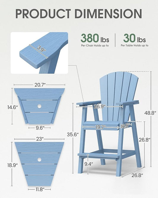 Tall Adirondack Chairs Set of 2, HDPE High Adirondack Chairs with Double Removable Trays, All Weather Outdoor Barstools for Patio, Balcony, Backyard, Deck and Garden, Baby Blue