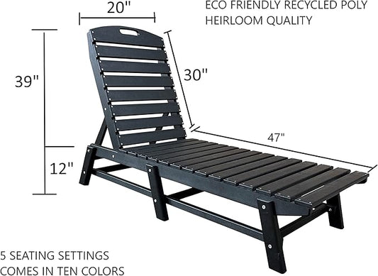 Phat Tommy Outdoor Pool Chaise Lounge, Heavy-Duty Beach Lounger - Folding, HDPE, Recycled Poly Furniture - Reclining Lounge Chair for Patio, Deck, Beach, Cabana, or Poolside, Black