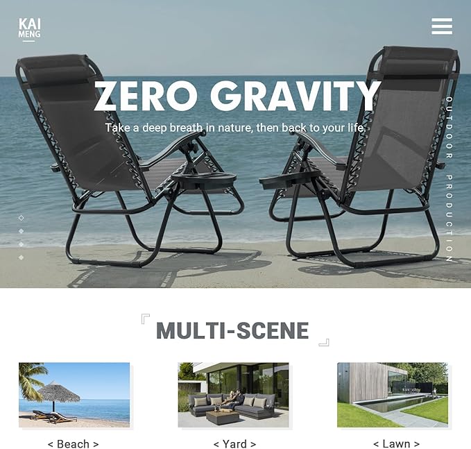 Kemon Zero Gravity Folding Lounge Outdoor Patio Adjustable Reclining Chair with Pillows and Cup Holders for Beach Set of 2, Double Grey, KM-CDGVC