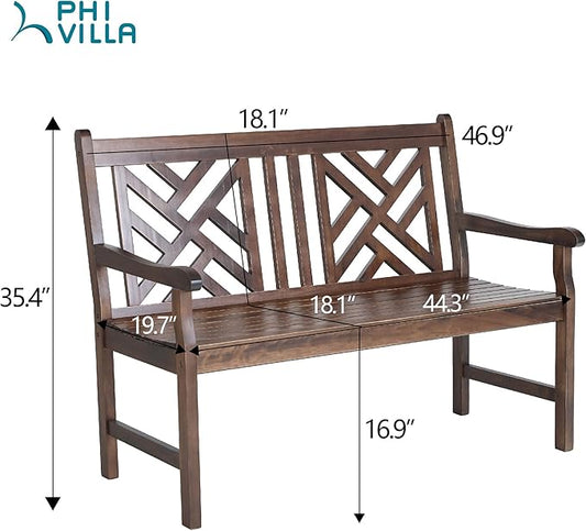 PHI VILLA Outdoor Garden Wooden Bench, 4 Ft Acacia Wood Bench with Curved Backrest and Armrest, 2 Seat All Weather Bench for Patio, Lawn, Balcony, Yard, Porch - Brown