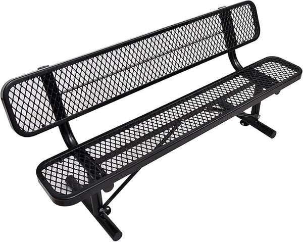 6Ft Heavy Duty Park Bench with Back Portable Frame, Outdoor Steel Bench with Backrest, Expanded Metal Mesh Bench for Lawn, Park, Deck, Garden, Patio, Porch, Black