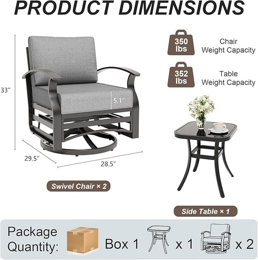 Gotland 3 Piece Patio Set, Metal Outdoor Swivel Chairs Set of 2 with 5.1’’ High-Resilience Seat Cushions Tempered Glass Coffee Table Removable Cushions for Backyard, Lawn, Porch, Grey
