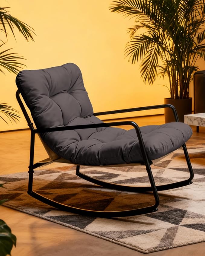 Outdoor Rocking Chair, Metal Patio Rocking Chair, Indoor Rocking Chair with Cushion, Papasan Rocking Lounge Chair, Comfy Modern Rocker Chair for Porch, Living Room, Garden, Lawn, Dark Grey