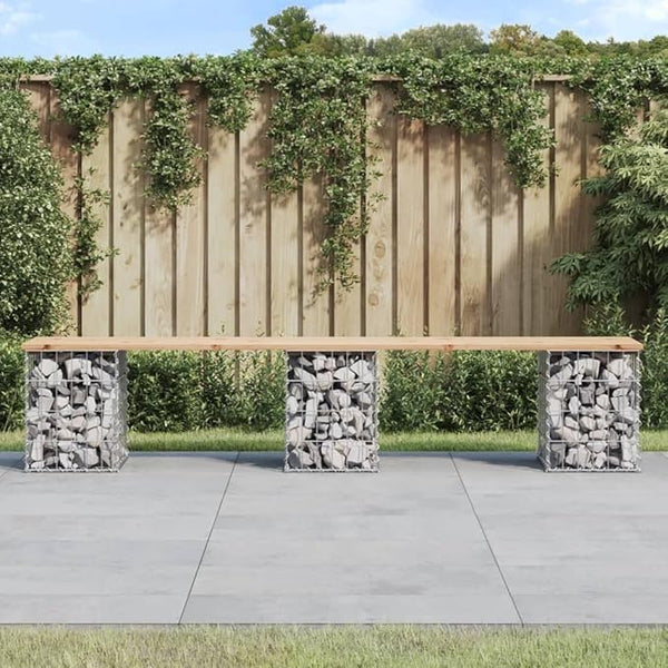 Solid Pine Wood Garden Bench with Chic Gabion Base for Outdoor Seating - Photo 1