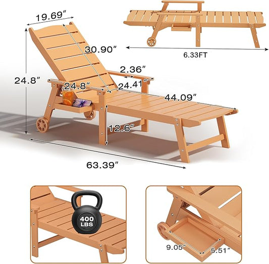 Pool Lounge Chairs Set of 2, 6.3ft Full-Length Patio Pool Lounge Chairs,5-Position Adjustable Backrest (Flat Recline), Flip-Down Side Tray,HIPS All-Weather for Poolside, Deck,Backyard, Beach