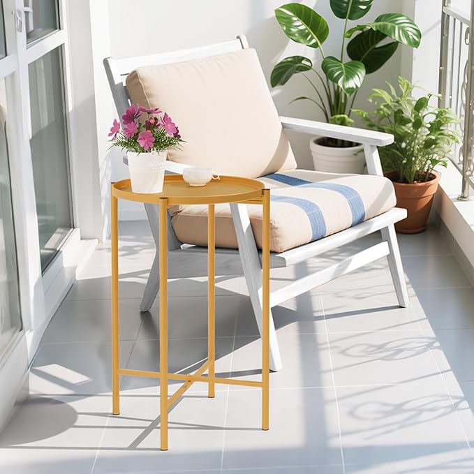 VINGLI Round Metal Side Table with Removable Tray, Outdoor Patio Coffee Table, Waterproof End Table for Small Spaces, Outdoor Patio, Living Room, Bedroom, Balcony (X-Brace & Non-Slip Pads) (1, Gold)