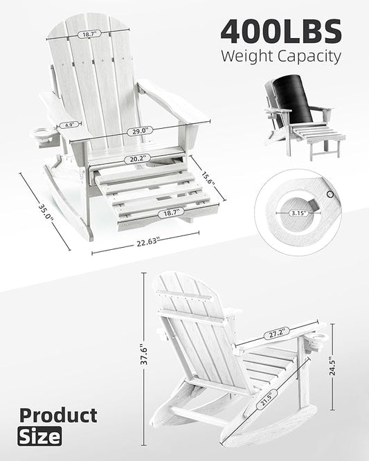 Folding Adirondack Rocking Chair Set of 2,4-in-1 Multifunctional Patio Chairs with Retractable Ottoman, Outdoor Chairs Wood Texture, Lawn Chair for Porch, Backyard, Pool(White)