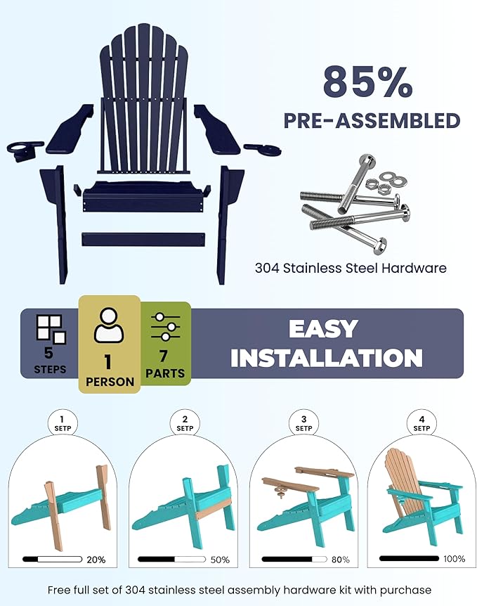 Oversized Adirondack Chair with Dual Cup Holders, Ergonomic High Back HDPE Fire Pit Chair, 380lbs Capacity All-Weather Outdoor Patio Lounge Chair for Garden, Deck, Yard - Navy Blue