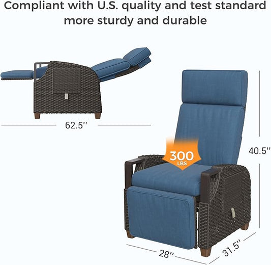 Grand patio Outdoor Recliner with Independent Adjustable Back and Footrest, Air Pump 150° Lay Flat Reclining Chair Removable Olefin Cushion Flip-Up Table Wicker Peacock Blue 1PC