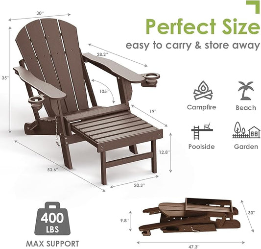 GREENVINES Adirondack-Chairs-with-Ottoman | Set of 2 | Wood Grain | Dark Brown | Folding | Retractable-Footrest | HDPE Plastic | All Weather Fire Pit Chair | Cup Holders | for Outdoor Poolside