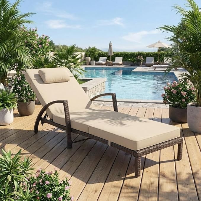 Outdoor Chaise Lounge Set of 2, 5-Position Adjustable PE Wicker Reclining Chairs with Wheels & 3.5" Cushions, 400 lbs Capacity All-Weather Patio Furniture for Poolside, Garden, Beach(Beige)