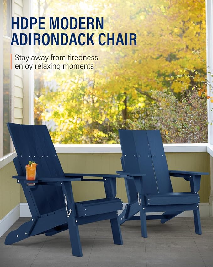 Adirondack Chair with Cup Holder: Folding Adirondack Chairs Plastic HDPE Material Furniture - Modern Composite Fire Pit Chairs Foldable for Outdoor/Backyard/Garden/Lawn/Deck/Porch/Patio