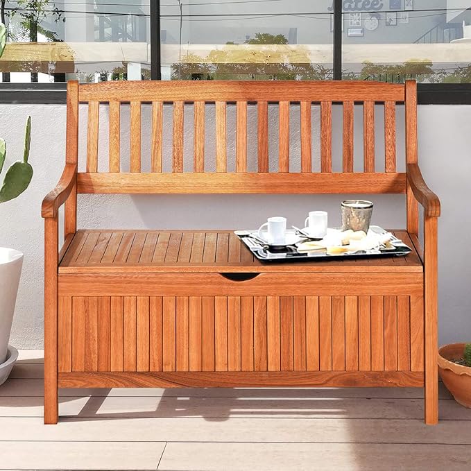 Outdoor Storage Bench, Wooden Bench with Storage, Removable Lining & Portable Handles, Patio Storage Bench Deck Bench for Outdoor, Garden, Balcony & Porch