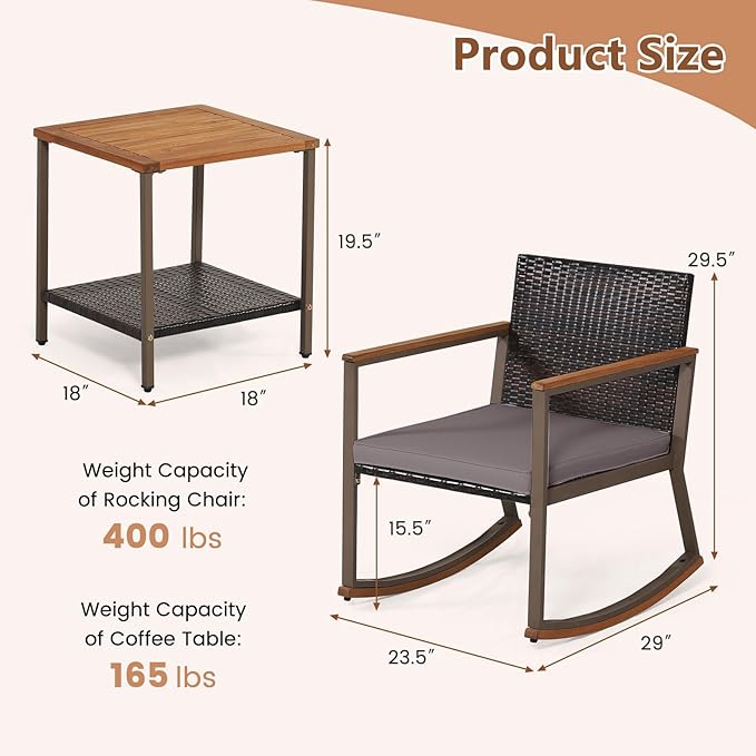 HAPPYGRILL 3-Piece PE Rattan Outdoor Rocking Chair Set with Coffee Table, Gentle & Smooth Rocking, Soft Seat Cushions, Ergonomic Design, Relaxing & Dining Conversation Set