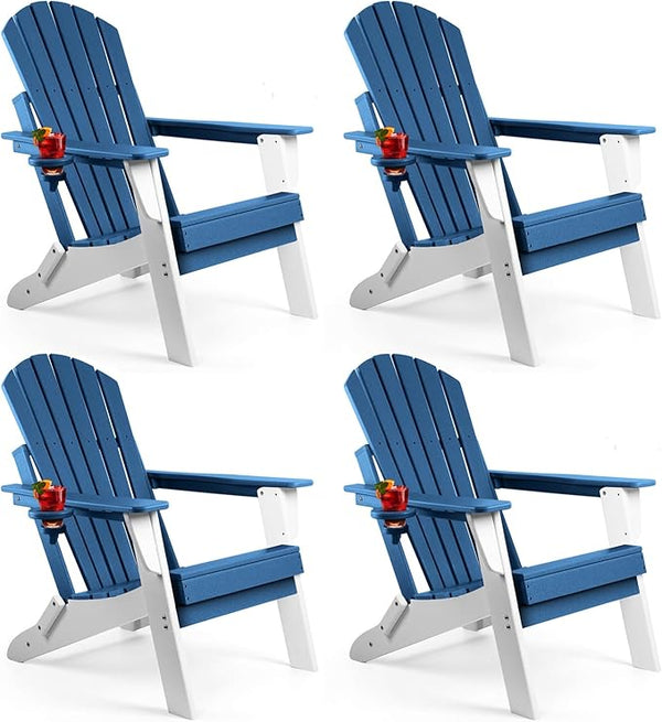 FUNBERRY Folding Adirondack Chair Set of 4, Blue & White All Weather HDPE Fire Pit Chairs with Cup Holder for Outdoor - Photo 1