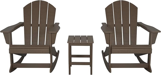 WO WESTIN OUTDOOR HDPE Laguna Outdoor Rocking Poly Adirondack Chair with Side Table 3-Piece Set, Dark Brown