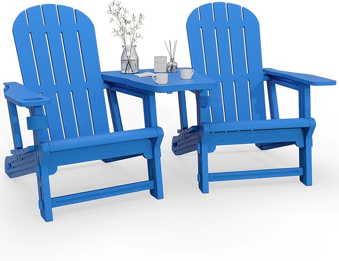 Vongrasig Adirondack Chairs Set of 2 with Removable Tabletop, All-Weather HDPE Outdoor Chair Set with Wooden Textured, Cup Holder for Patio, Poolside, Deck, Garden, Light Blue