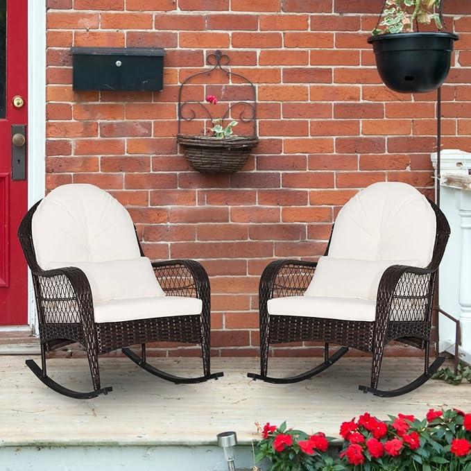ORALNER Patio Wicker Rocking Chair, Outdoor PE Rattan Rocker with Seat and Back Cushion, Waist Pillow, Armrests, Garden Chair for Porch, Backyard, Poolside, Deck (2, Off White)