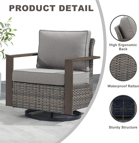 Rilyson Outdoor Wicker Patio Furniture Set - 5 Piece Patio Conversation Set with 2 Wicker Swivel Rocker Chairs,2 Ottoman, 1 Side Table, Thick Cushions, Deep Seating, Wide Armrest(Mixed Grey/Grey)