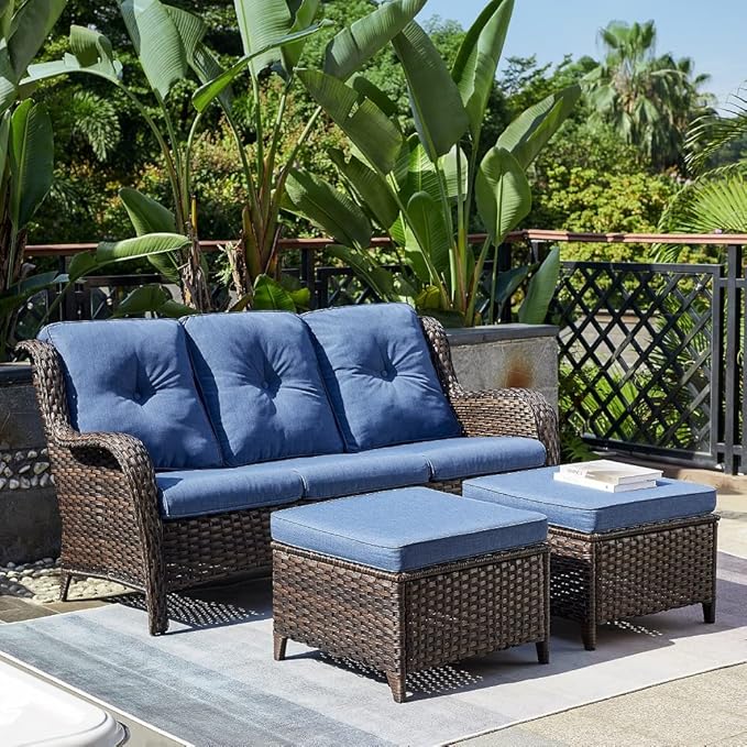 HUMMUH Outdoor Furniture 5 Pieces Patio Furniture Set Wicker Outdoor Sectional Sofa with 2 Patio Chairs,Ottomans