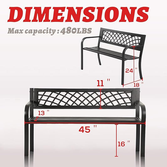 HCY Garden Bench Outdoor Metal Bench Patio Garden Bench Sturdy Steel Frame Furniture for Outdoor,Yard, Park, Porch, Entryway, Lawn,(Black), 45''x18''x30''