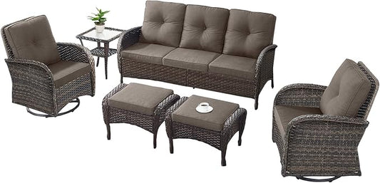 6 Pieces Outdoor Furniture-Patio Swivel Rocker Chairs Set of 2 3-Seater Wicker Couch with Outdoor Ottoman Outdoor Patio Furniture Set for Deck Porch Garden Balcony Poolside-Brown/Grey
