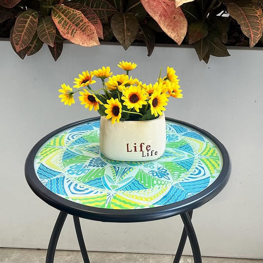 HONGLAND Mosaic Outdoor Side Table, 14" Round Patio Side Table, Mosaic Plant Stand, End Table W/Storage Shelf, Small Bistro Coffee Table for Garden Yard Porch Living Room(Green)